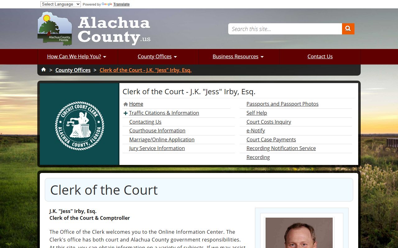 Alachua County Clerk of Court homepage for court records access