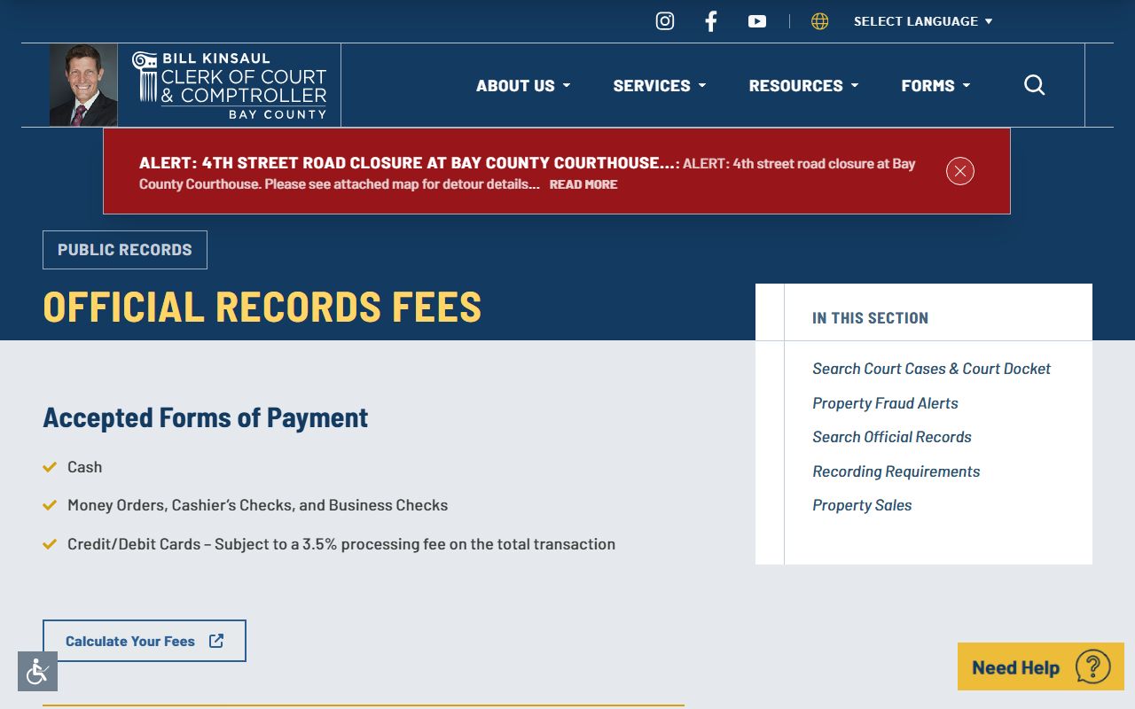 Bay County official records search page for deeds and liens