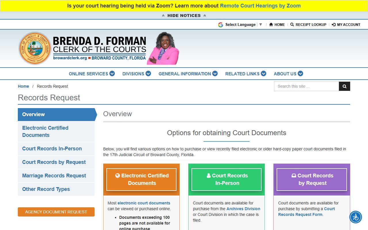 Broward County court records request information page