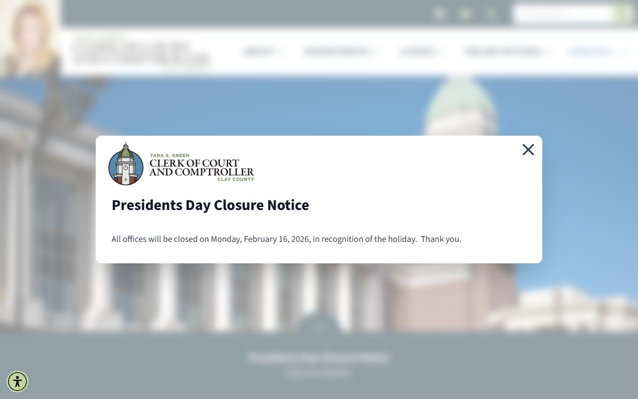 Clay County court records clerk homepage with search and service options