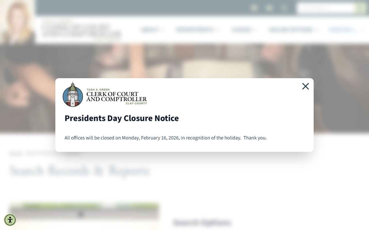 Clay County court records search page with multiple record type options