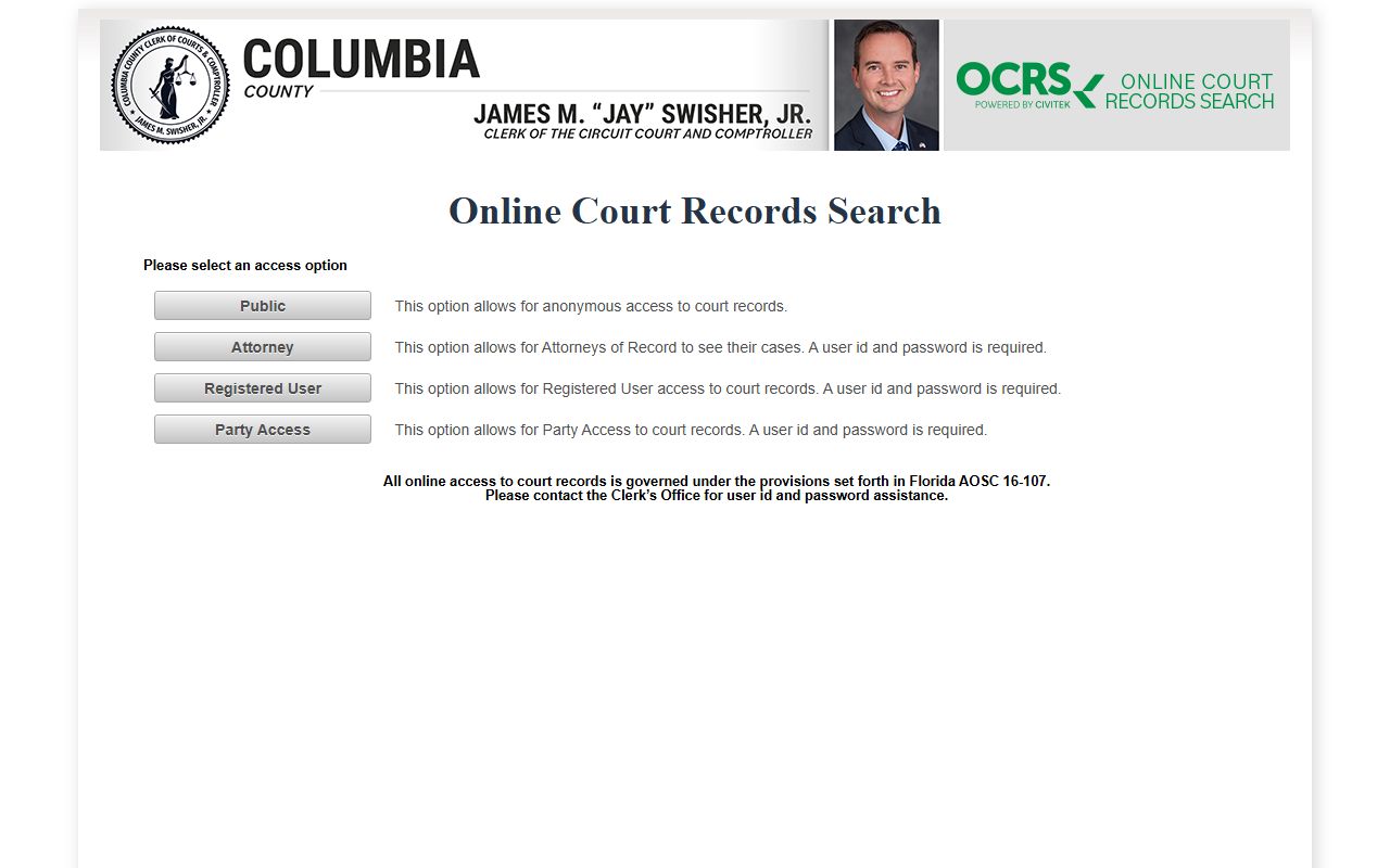 CiviTek online records portal for Columbia County court records