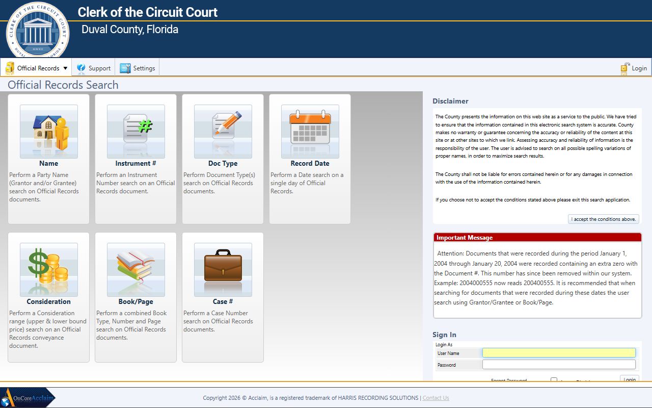 Duval County official records search for Jacksonville property and court documents