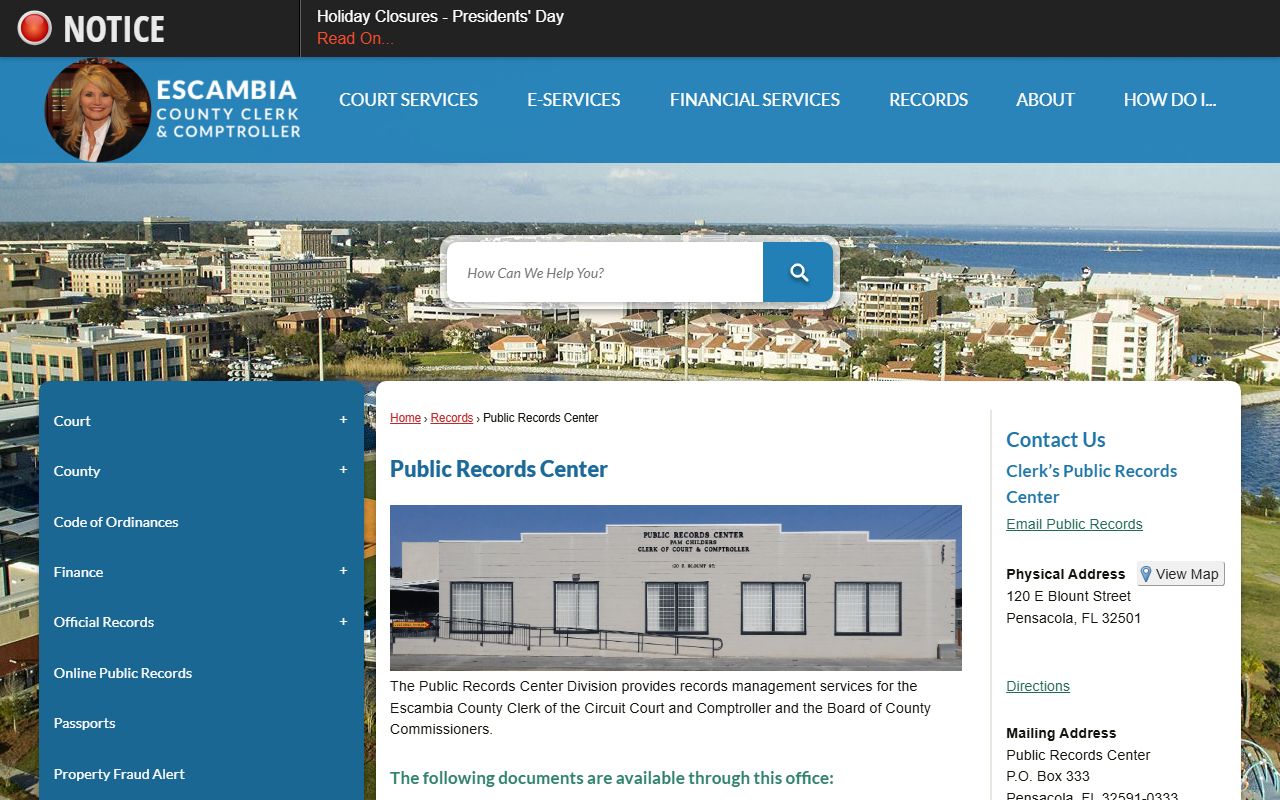 Escambia County public records center page for court records requests