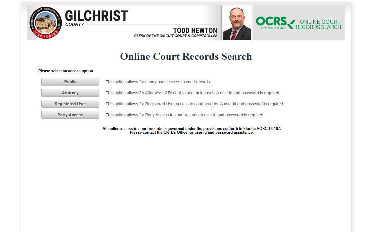 CiviTek online court records portal for Gilchrist County case search