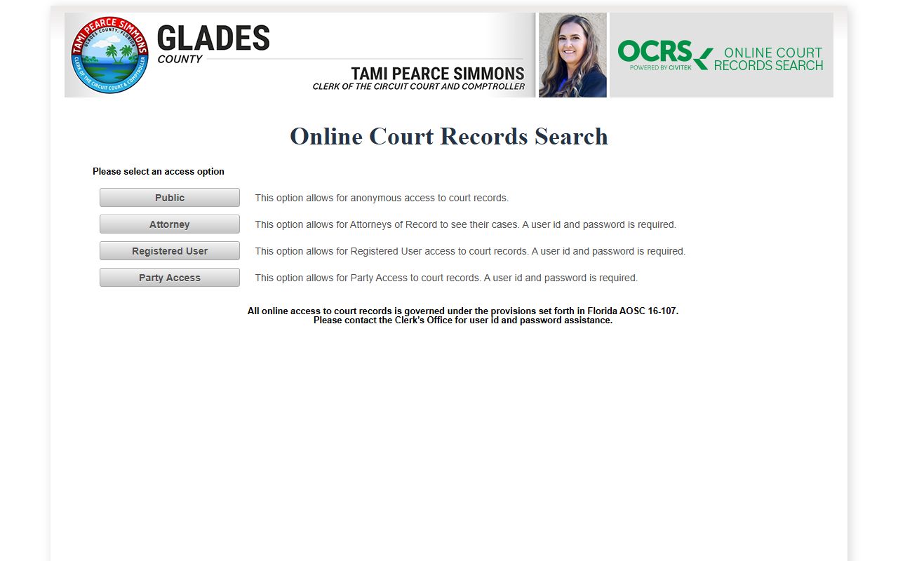 CiviTek online court records portal for Glades County case search