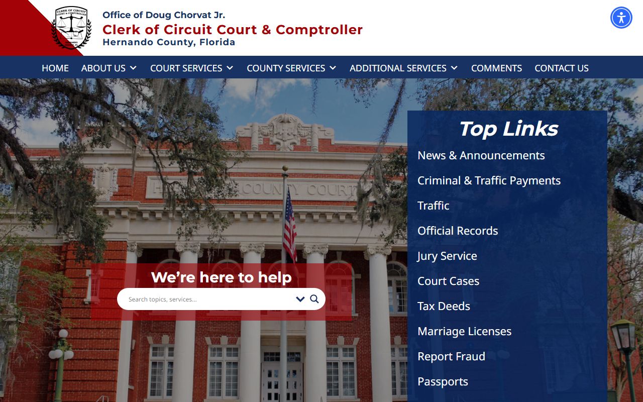 Hernando County Clerk of Court homepage for court records