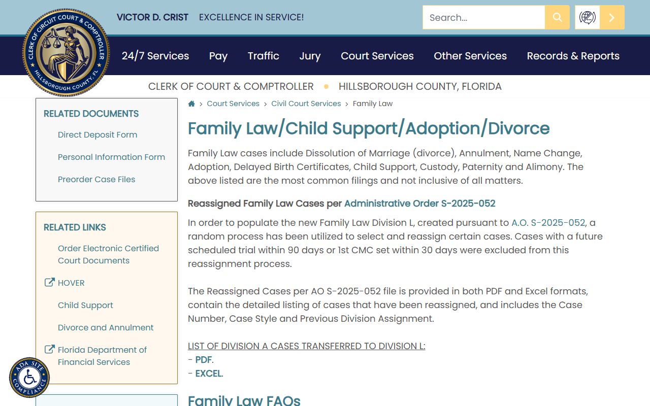 Hillsborough County Clerk family law court services page for Tampa