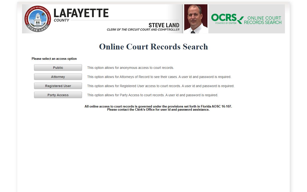 CiviTek online records portal for Lafayette County court records