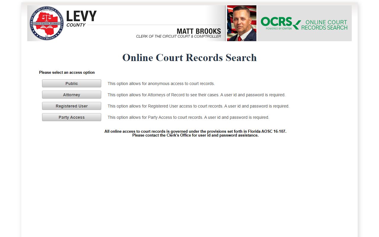 CiviTek online records portal for Levy County court records search