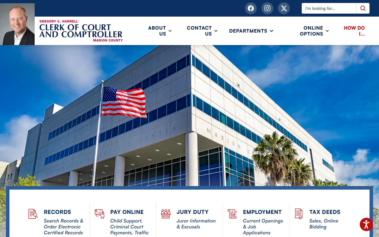 Marion County Clerk of Court homepage with court records search tools