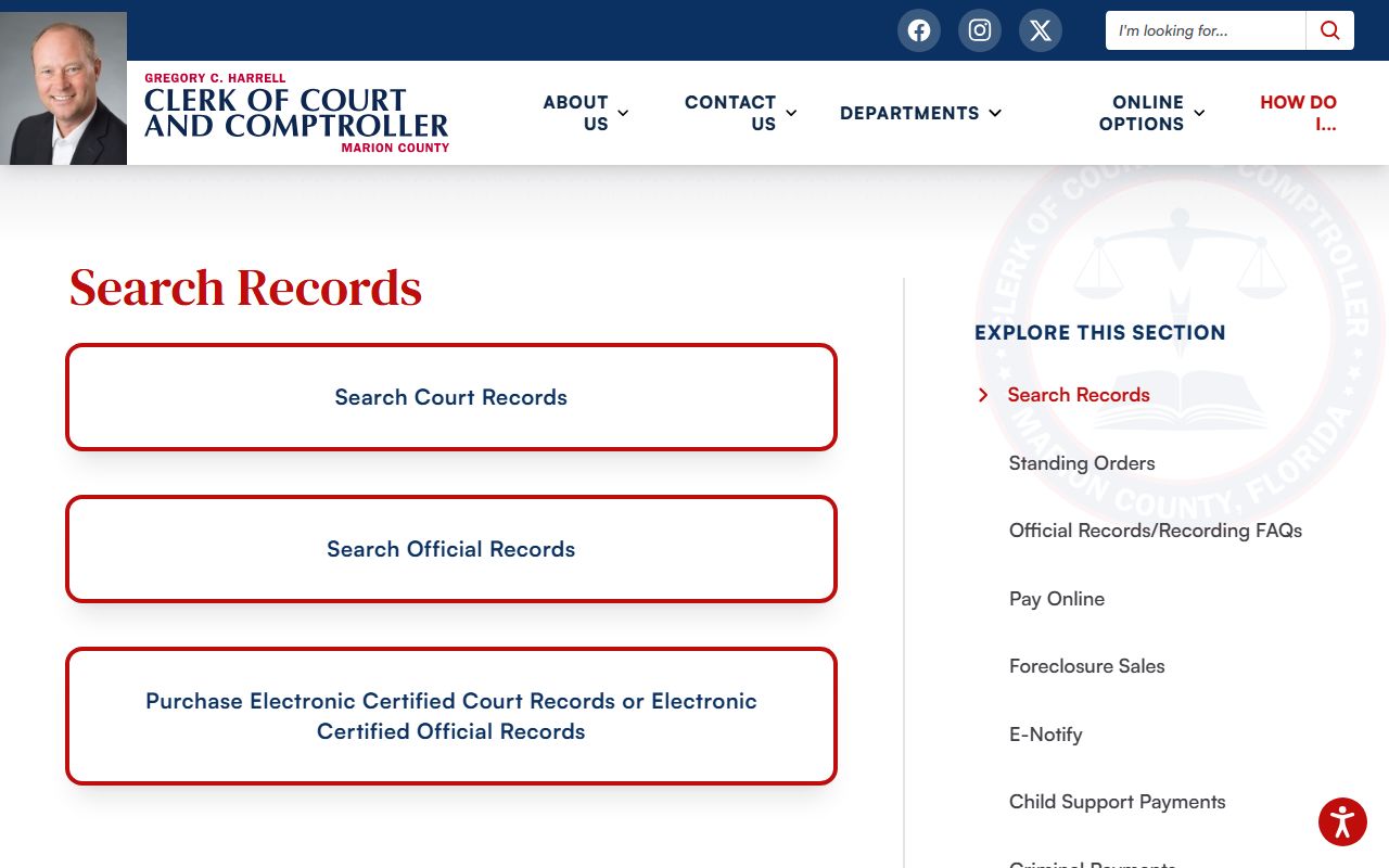 Marion County search records page for court and official records