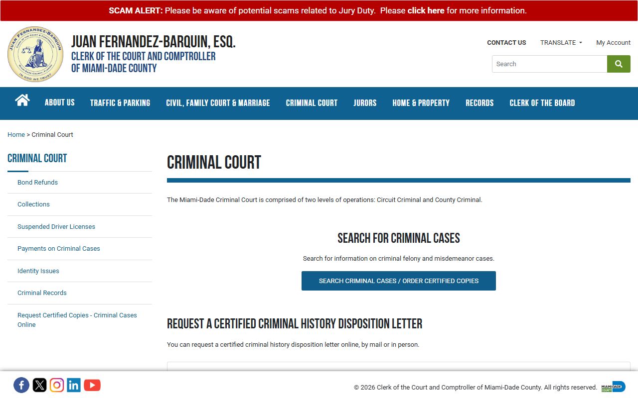 Miami-Dade Clerk criminal court page for Miami criminal case search