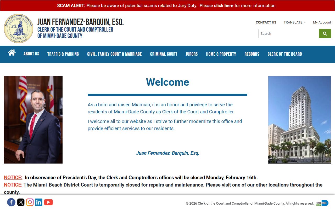 Miami-Dade Clerk of the Court homepage for Miami court records search