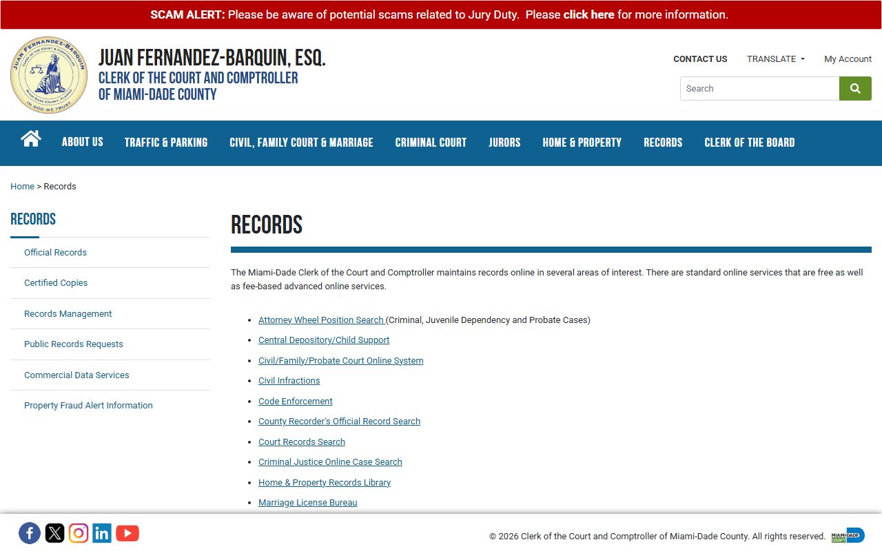 Miami-Dade Clerk court records page with links to search tools