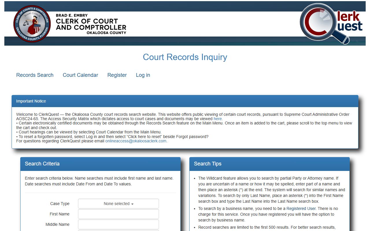 Okaloosa County ClerkQuest court records search portal interface