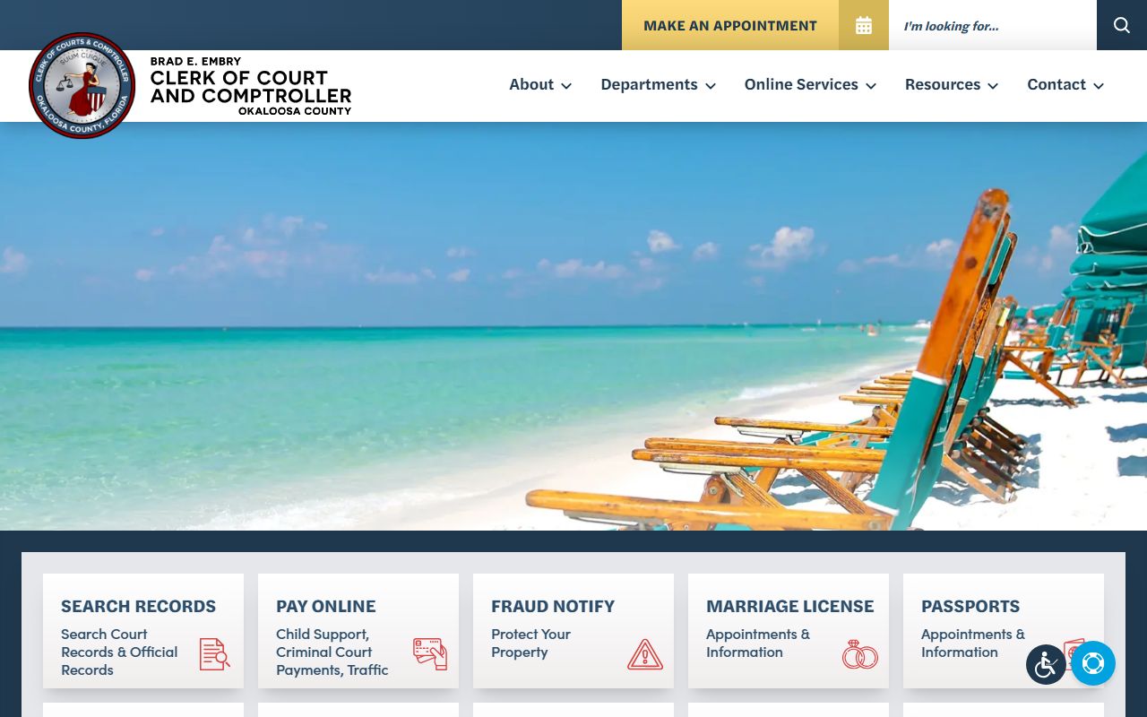 Okaloosa County court records clerk homepage with access to search tools and services
