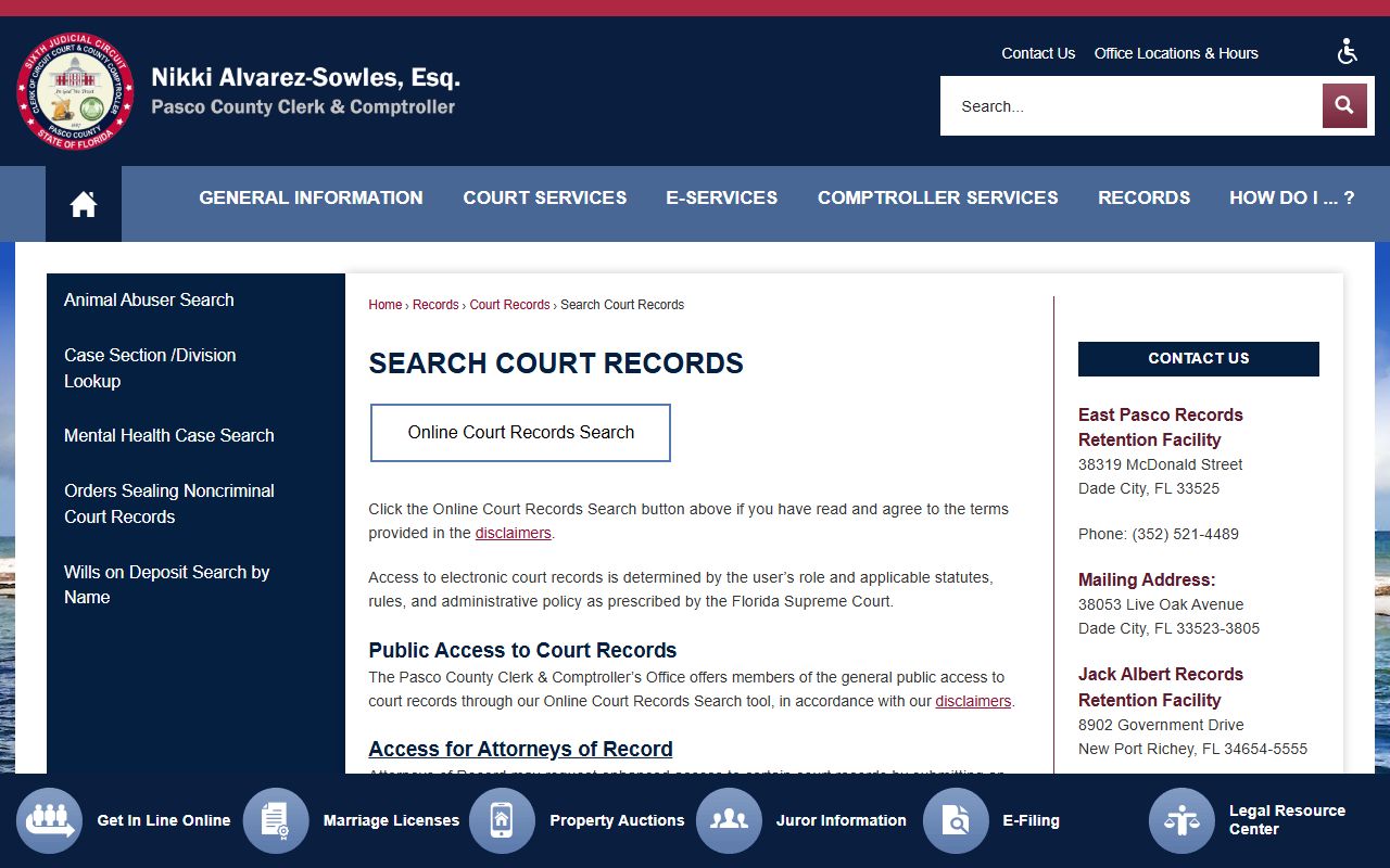 Pasco County court records search page for public access
