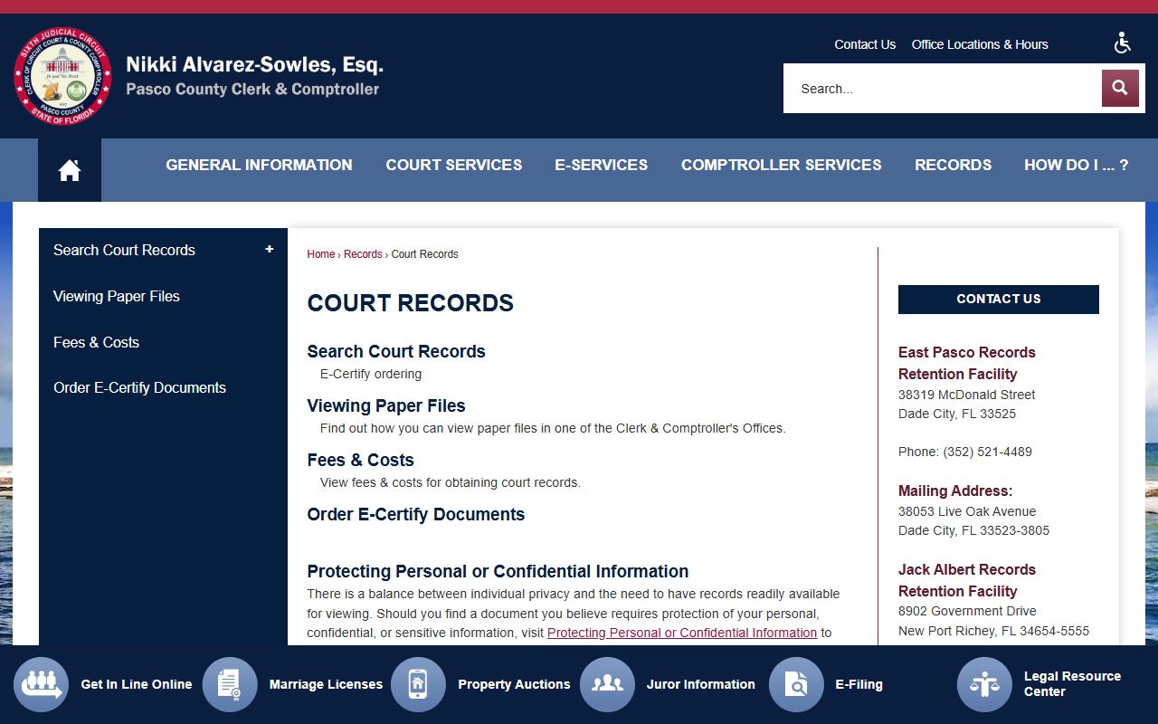 Pasco County court records overview and case types page