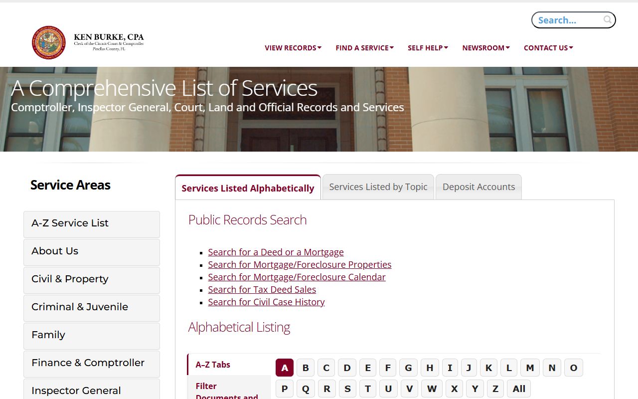 Pinellas County Clerk find a service page for court records and copy requests