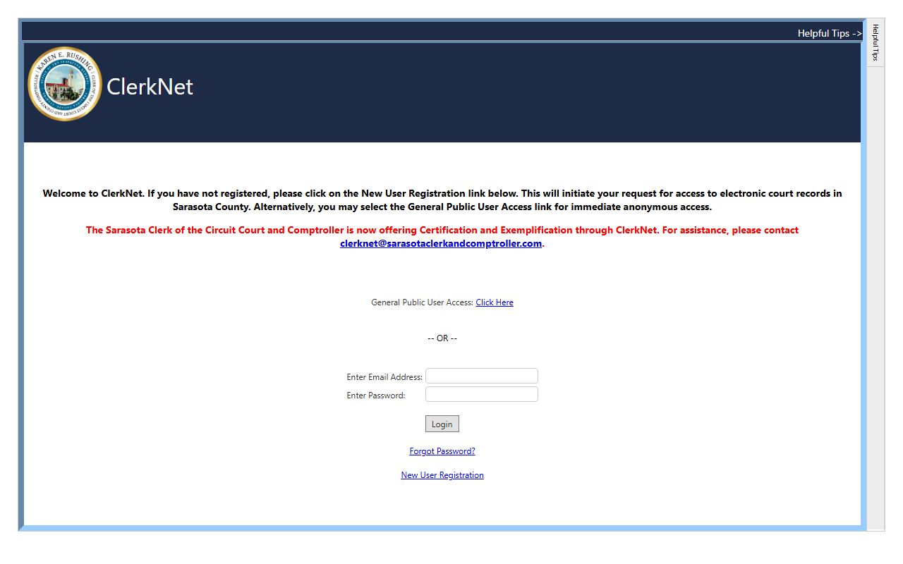 Sarasota County court records ClerkNet search portal
