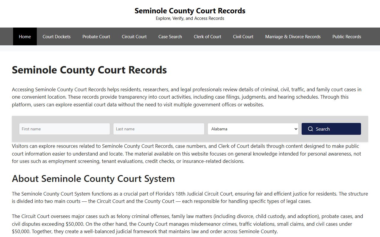 Seminole County Courts homepage with courthouse locations and court records