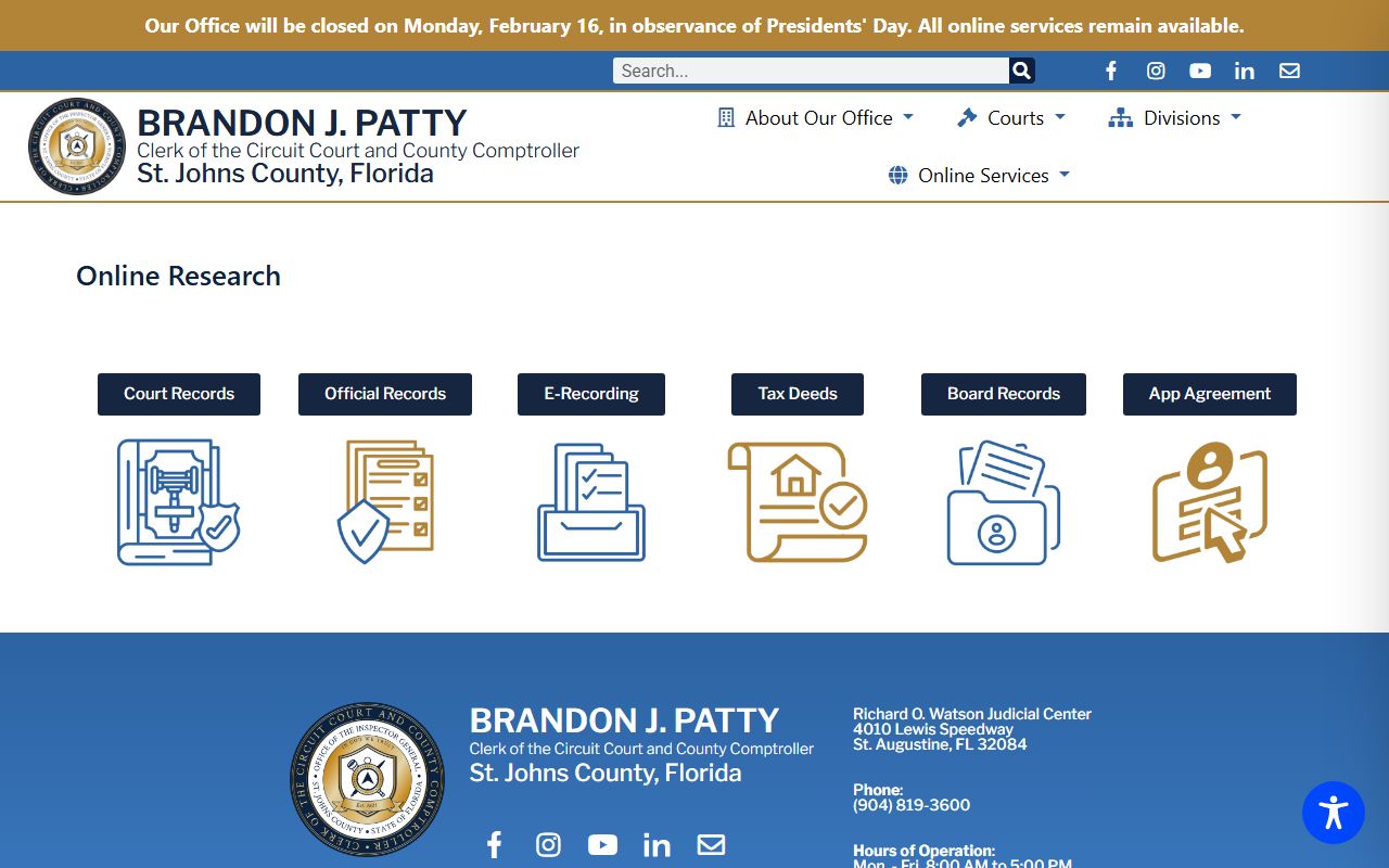 St. Johns County online research portal for court records search