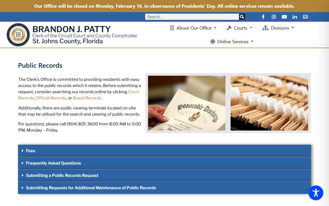 St. Johns County public records request page for court and official records