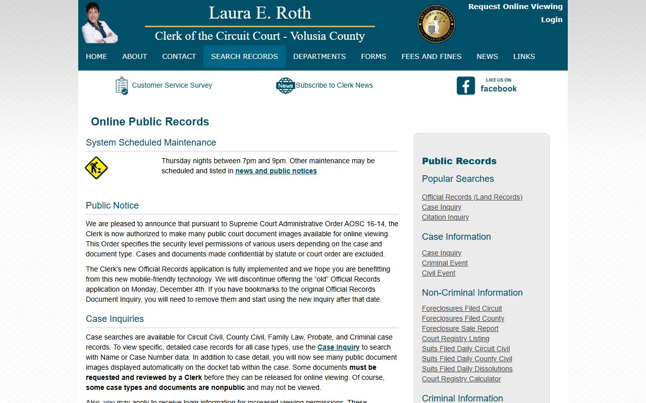 Volusia County court records search page for public access